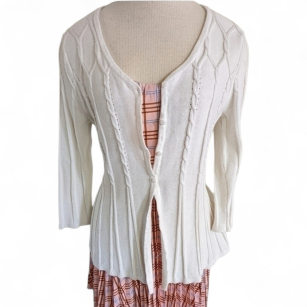 Open Cable Knit Cotton Button Up Cardigan in Ivory Size Medium NWT - Picture 4 of 9